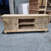 Handmade Indian Furniture Solid Hard Wood Carved Tv Unit in Natural Color